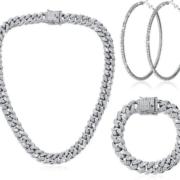 Jewelry - New Cuban Link Chain Necklace Bracelet Rhinestone Hoop Earrings Set